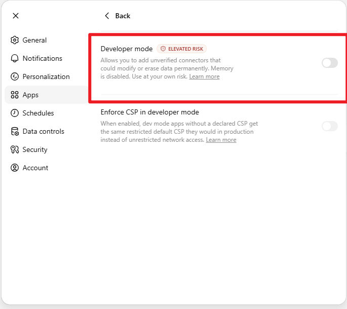 ChatGPT 的 Developer mode 开关,标注 ELEVATED RISK