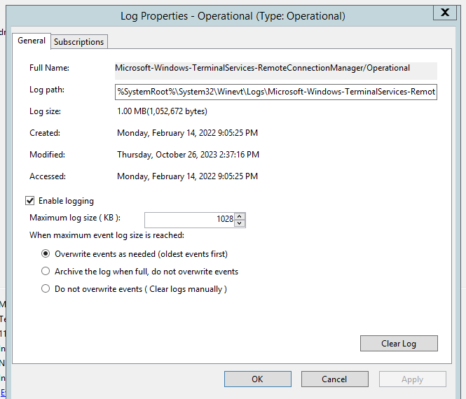 Log Properties 对话框：Maximum log size 1028 KB + Overwrite events as needed