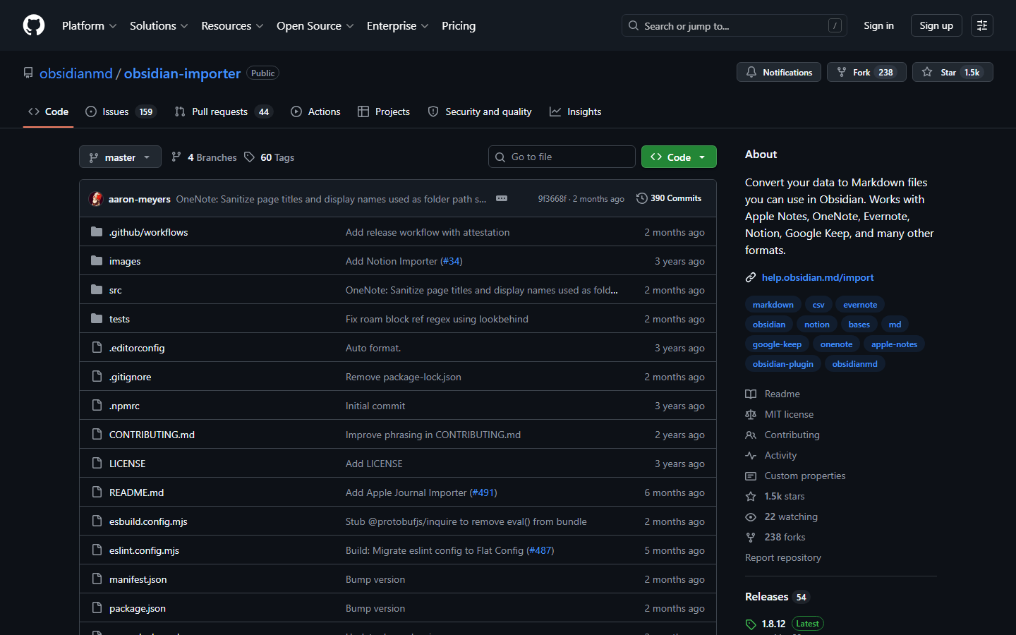 obsidianmd/obsidian-importer 仓库页面,About 明确列出支持 OneNote 和 Google Keep