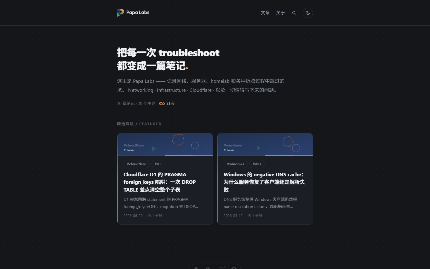 Papa Labs 首页暗色模式截图