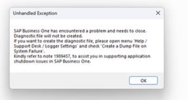 SAP Business One Unhandled Exception 报错弹窗